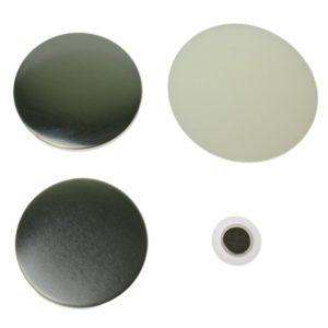 Component parts to make a 58mm clothing magnet comprising of metal disc front, metal disc flat back, clear plastic film covering and white plastic disc with magnet inset