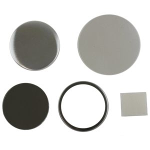 Components to make a 58mm compact mirror in a badge machine comprising round metal front, metal rim, mirror, sticky pad and clear plastic mylar cover